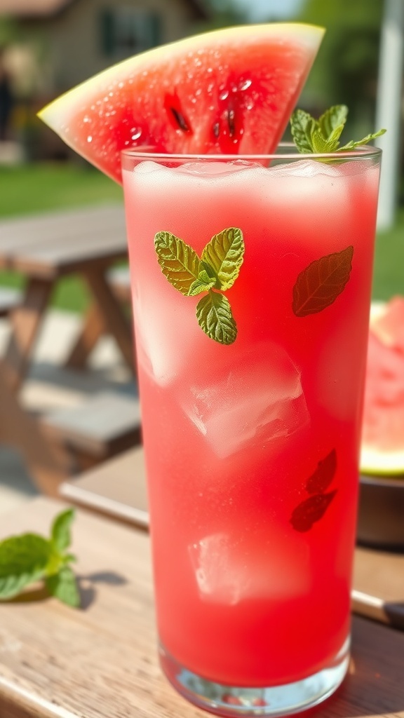 A glass of wicked watermelon juice with mint garnish and ice, set in a sunny outdoor picnic setting.